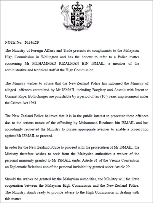 Malaysian Diplomat Rape Case in New Zealand - New Zealand Government Letter - 1